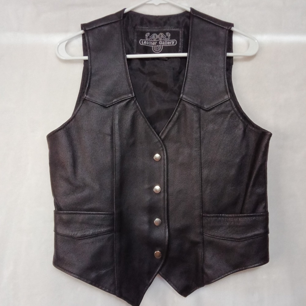 Leather Gallery Womens Black Genuine Leather Western Biker Snap Front Vest Large